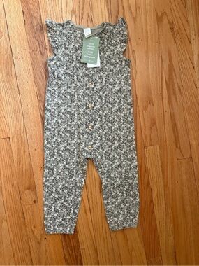 H&M 2T Green Gray Floral Button-Front Romper organic cotton